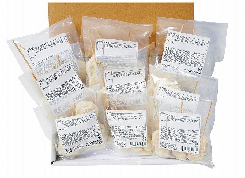 シンコーフーズ 串揚げバラエティセット　９種×各３本 エリンギ豚巻き串揚げ、ポテト串揚げ、鶏串カツ、レンコン串揚げ、えび串揚げ、豚串カツ、椎茸串揚げ、イカ串揚げ、玉ネギ串揚げ 各3本