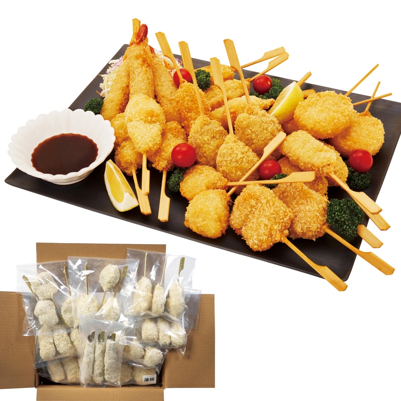 シンコーフーズ 串揚げバラエティセット　９種×各３本 エリンギ豚巻き串揚げ、ポテト串揚げ、鶏串カツ、レンコン串揚げ、えび串揚げ、豚串カツ、椎茸串揚げ、イカ串揚げ、玉ネギ串揚げ 各3本