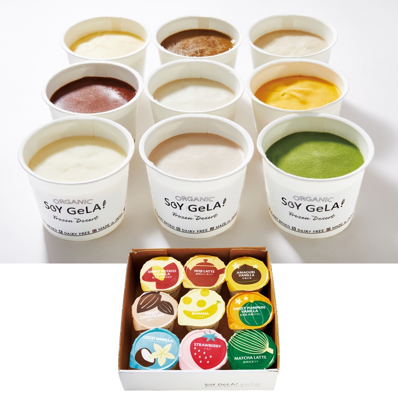 ECCO ＳＯＹ　ＧｅＬＡ！　オーガニックアイス　９個セット 有機安納芋、静岡ほうじ茶ラテ、有機甘栗、濃厚チョコ、バナナ、北海道有機くりりん（かぼちゃ）、ココナッツとバニラ、いちご、静岡抹茶ラテ 各100ml×1個