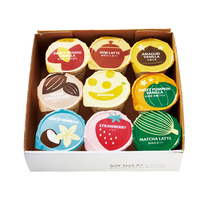 ECCO ＳＯＹ　ＧｅＬＡ！　オーガニックアイス　９個セット 有機安納芋、静岡ほうじ茶ラテ、有機甘栗、濃厚チョコ、バナナ、北海道有機くりりん（かぼちゃ）、ココナッツとバニラ、いちご、静岡抹茶ラテ 各100ml×1個